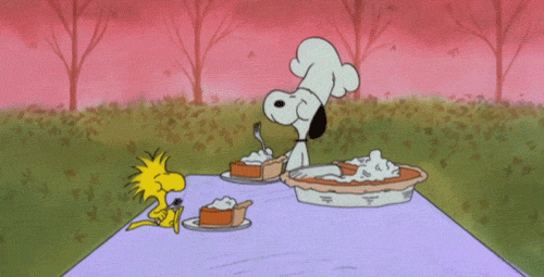 Snoopy and Woodstock eating pumpkin pie on a blanket in a park